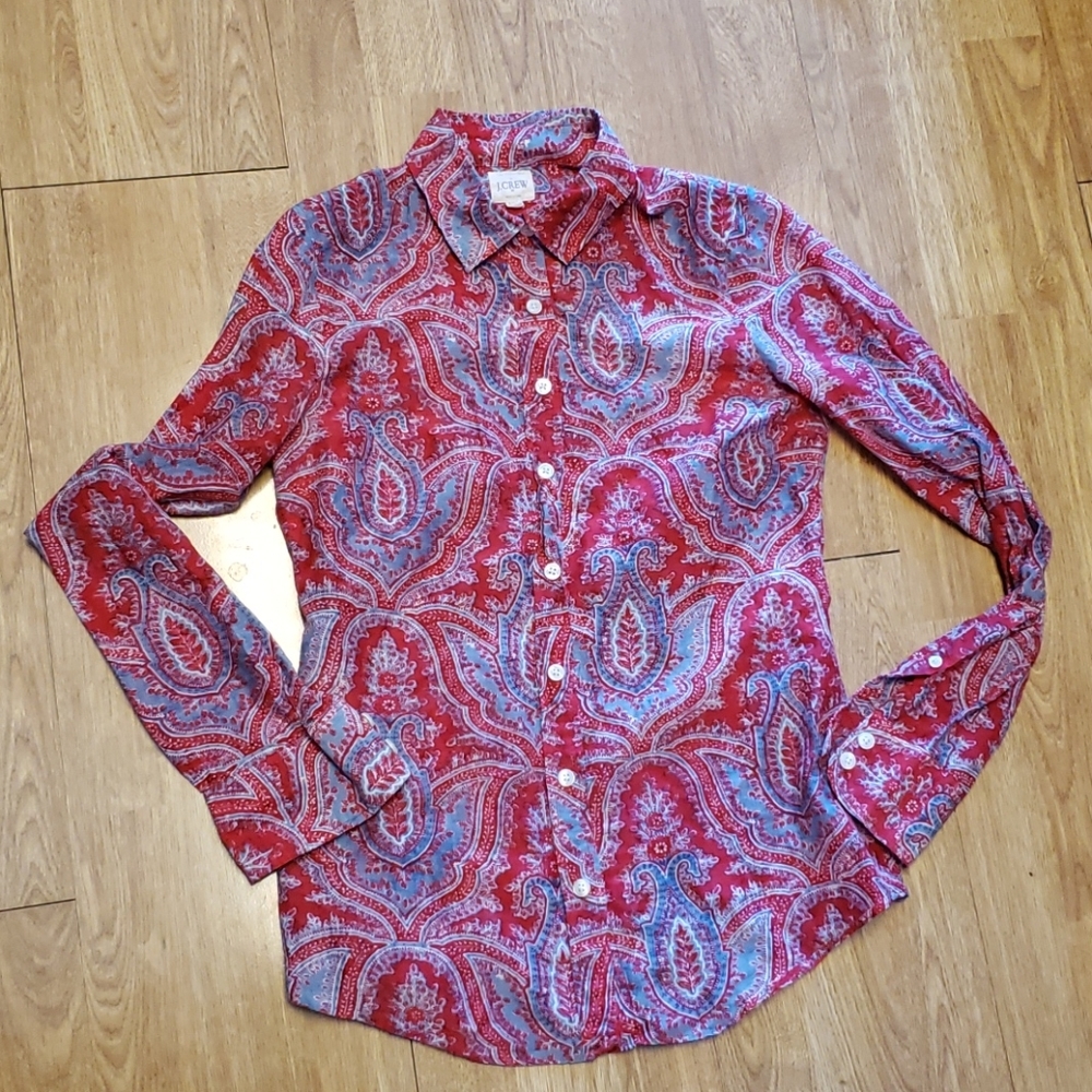 J Crew Button Front Red Bandana Print Shirt Xxs